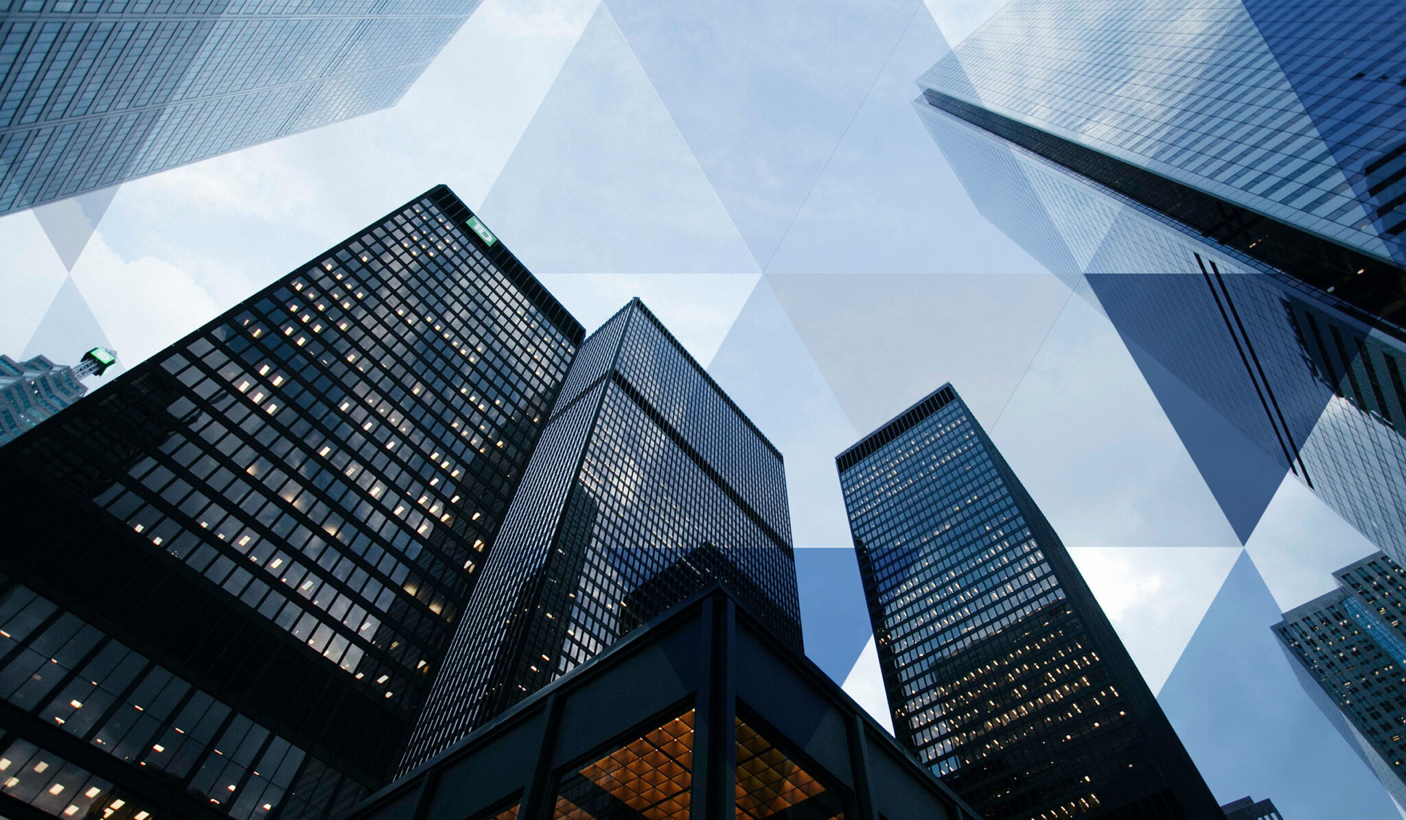 Glass office towers viewed from below