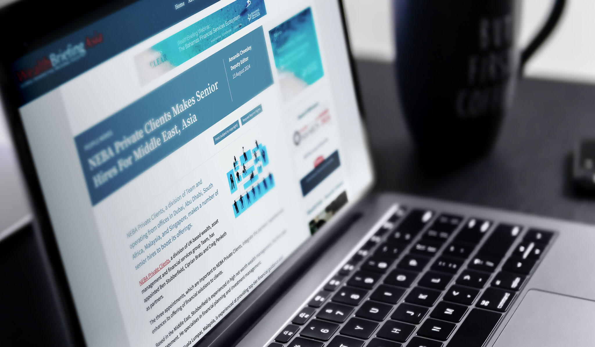 Laptop showing news coverage of NEBA Private Clients senior hires for the Middle East and Asia