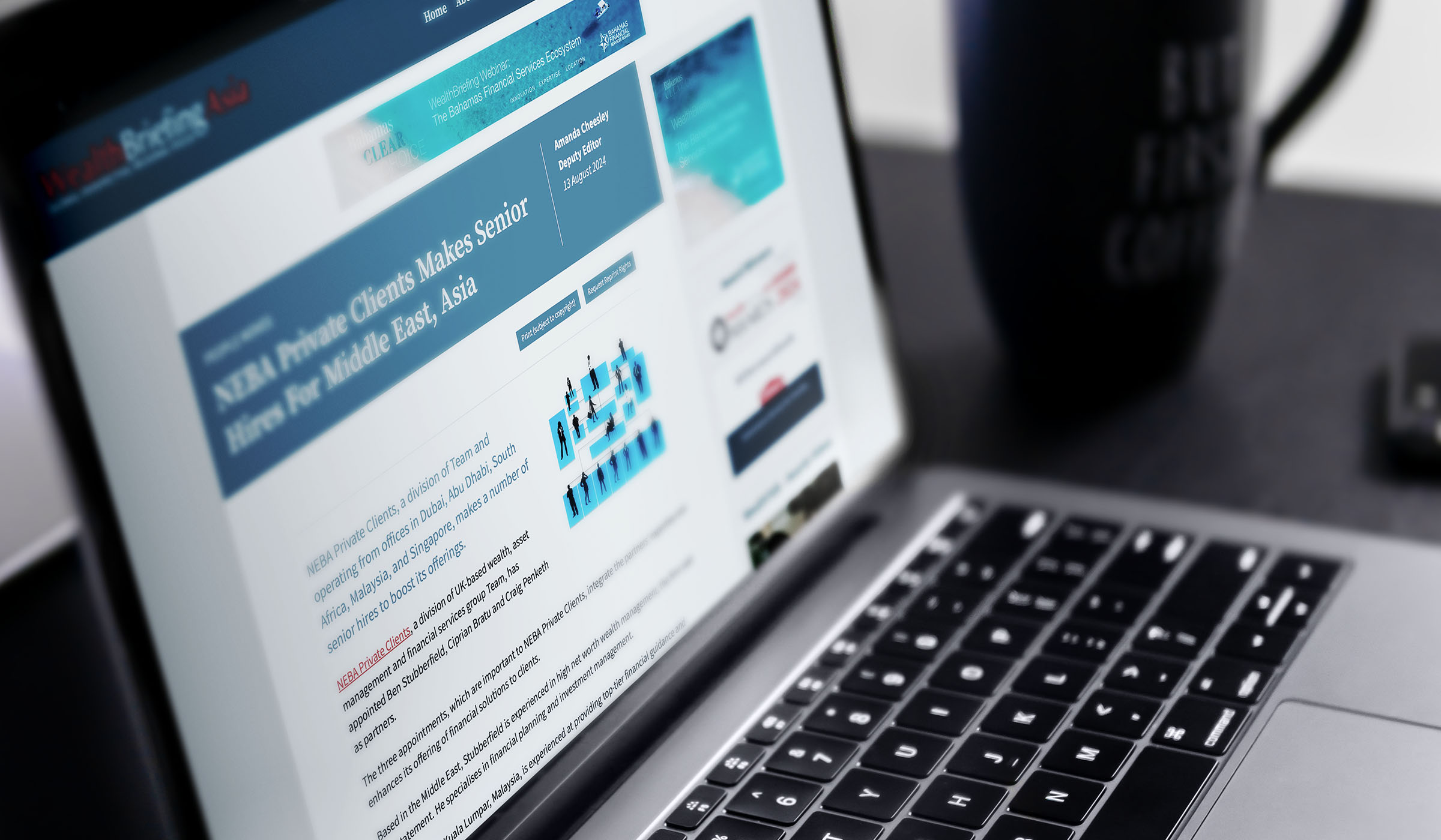 Laptop showing news coverage of NEBA Private Clients senior hires for the Middle East and Asia
