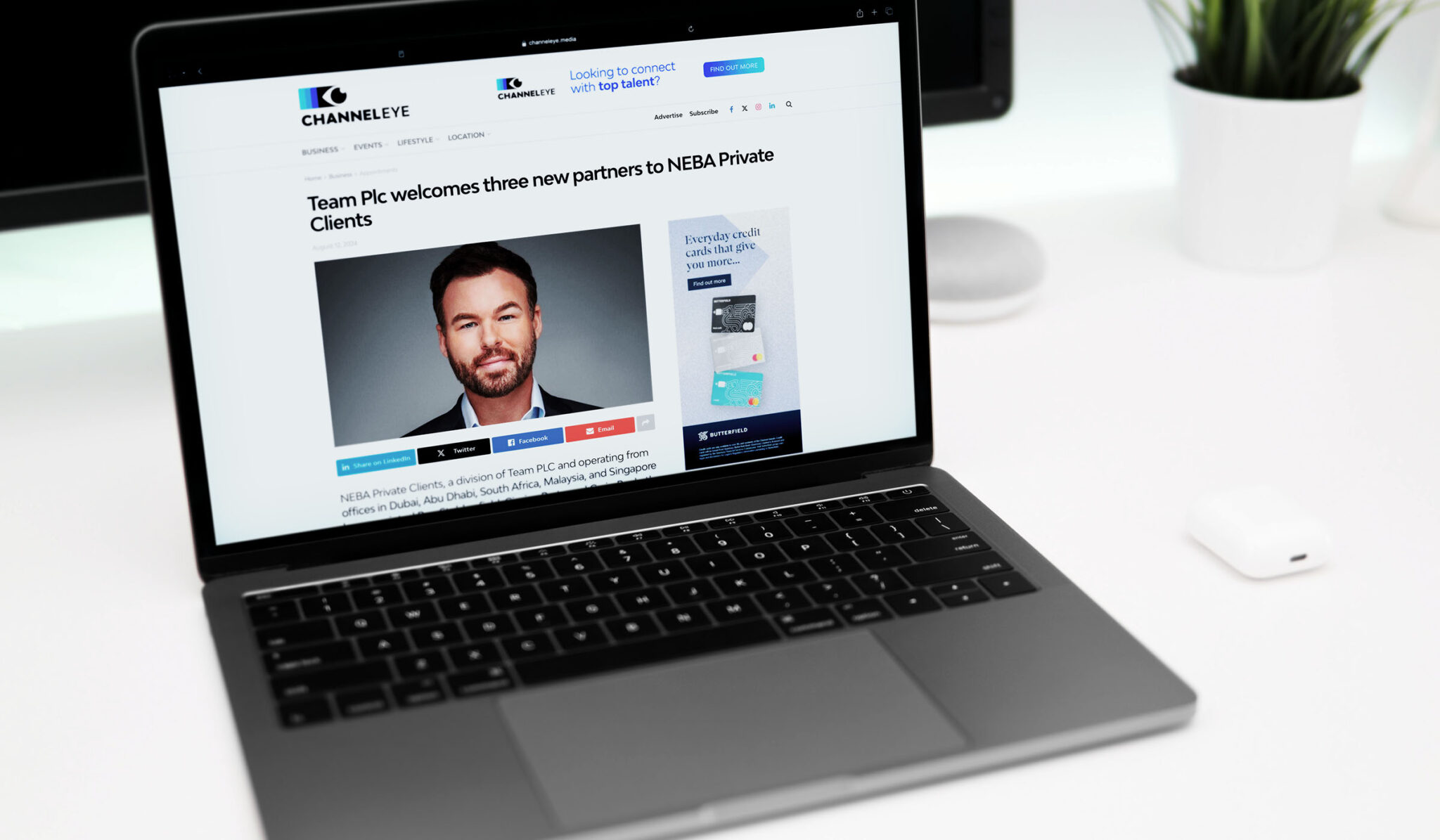 Laptop showing news coverage of TEAM plc welcoming three new partners to NEBA Private Clients