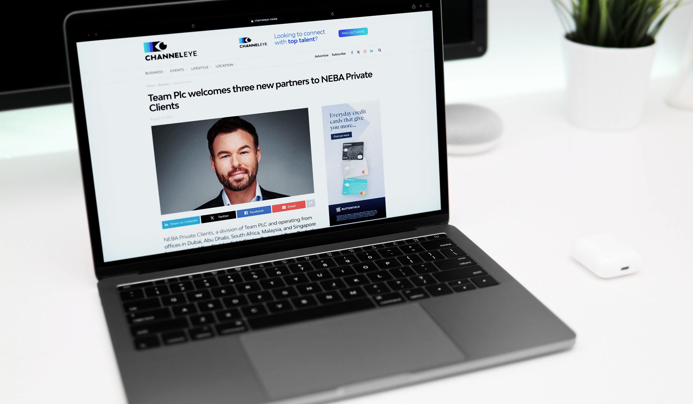 Laptop showing news coverage of TEAM plc welcoming three new partners to NEBA Private Clients
