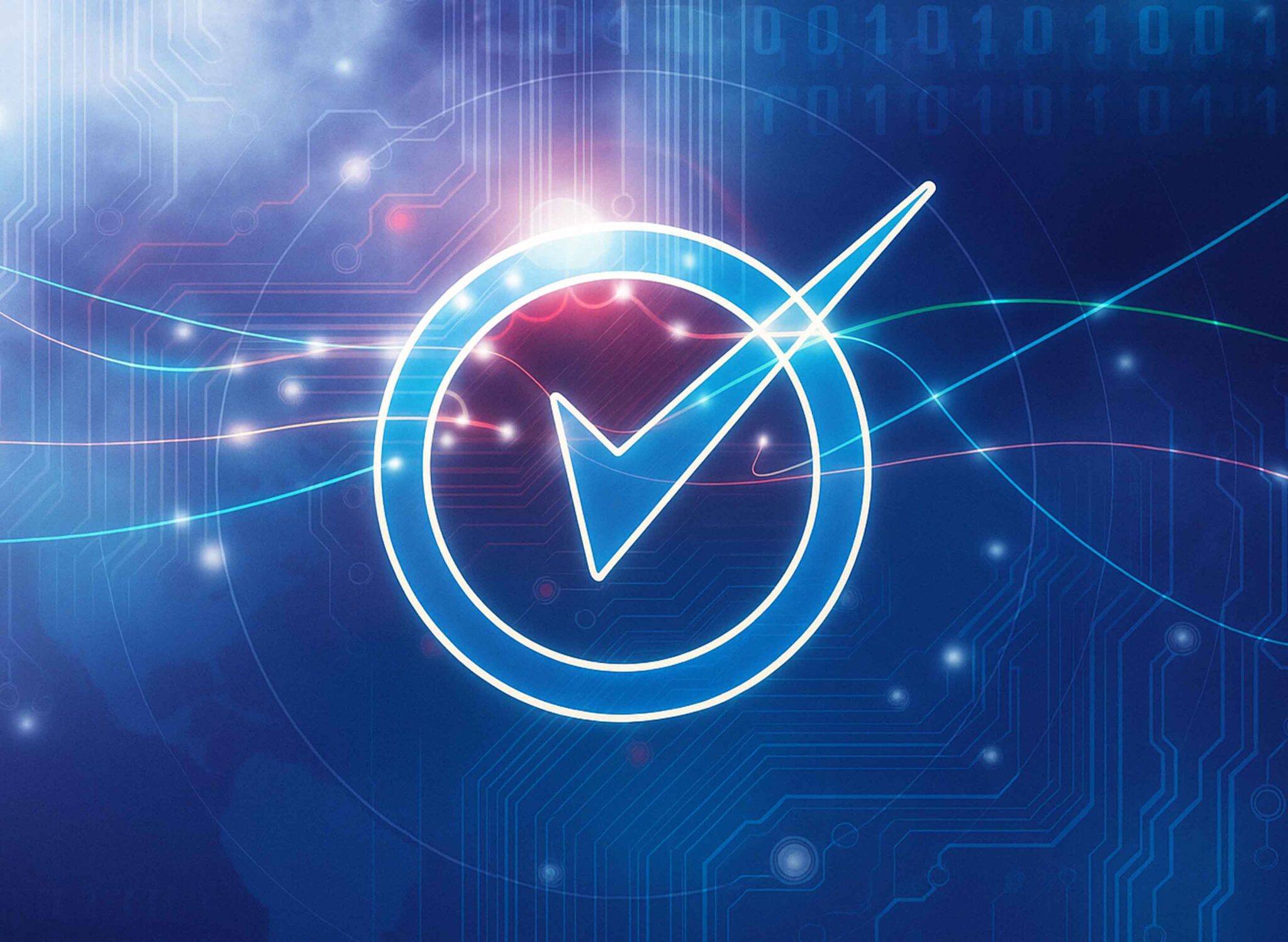 Digital tick symbol on a blue background